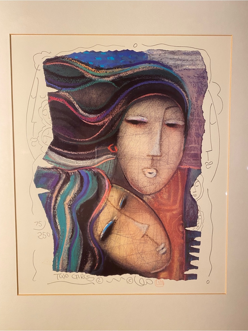 Vintage 90s Lee Long Looi “Two Girls II” Hand Embellished and Signed Lithograph
